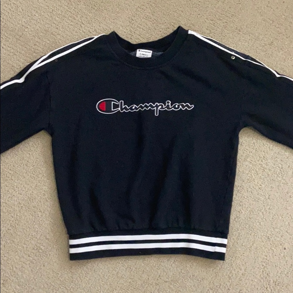 Black champion hoodie with white strips